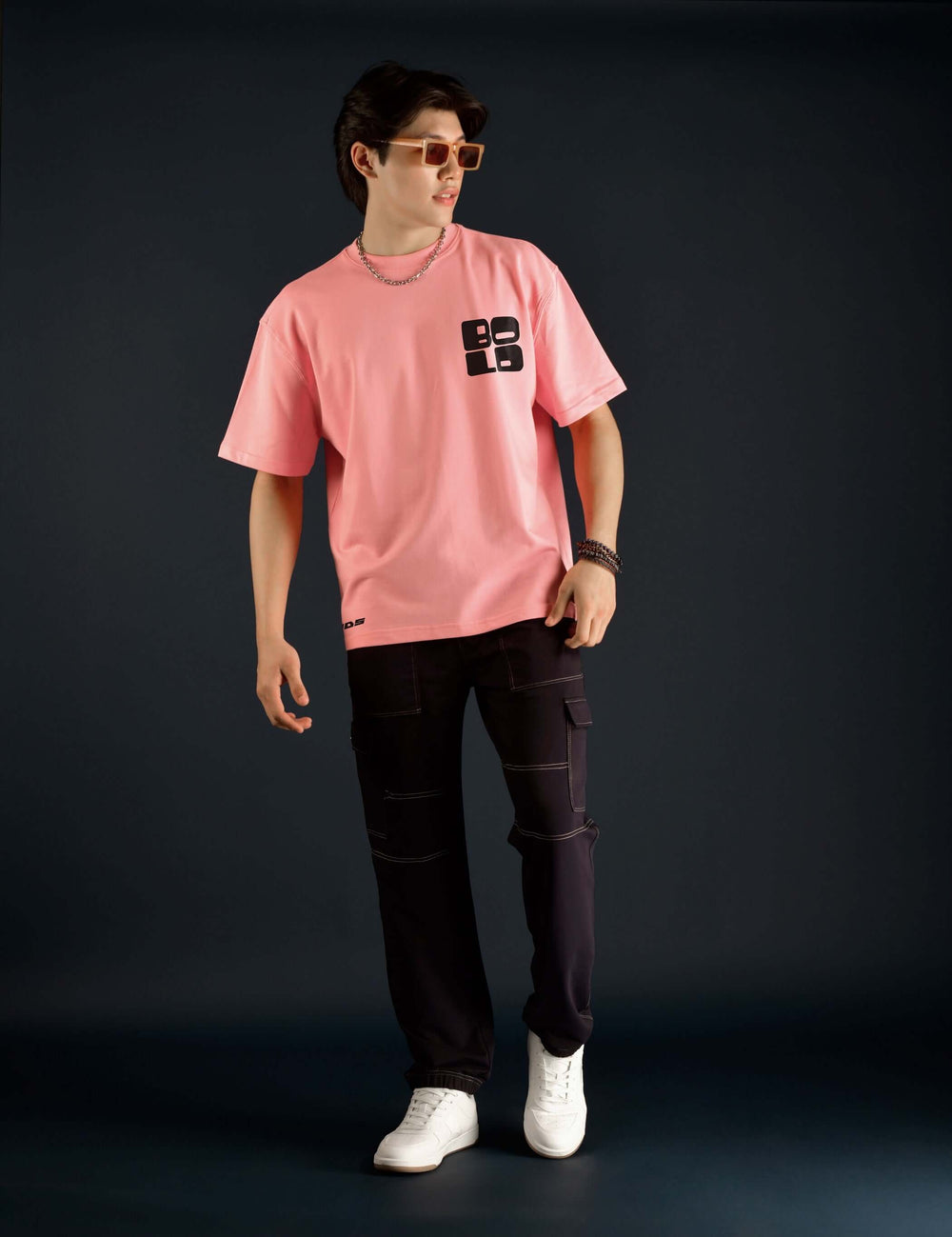 Genz-Classic Men's Pink Oversized Graphic Print Cotton T-Shirt