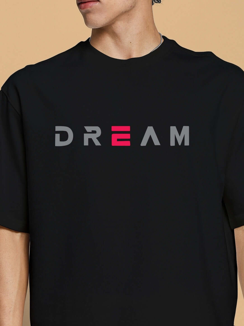 Genz-Classic Men's Black Oversized Minimal Dream Typography Printed Cotton T-Shirt