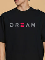 Genz-Classic Men's Black Oversized Minimal Dream Typography Printed Cotton T-Shirt