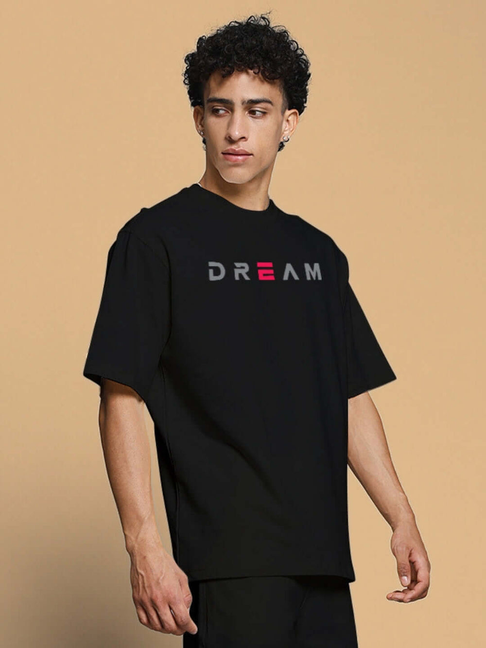 Genz-Classic Men's Black Oversized Minimal Dream Typography Printed Cotton T-Shirt