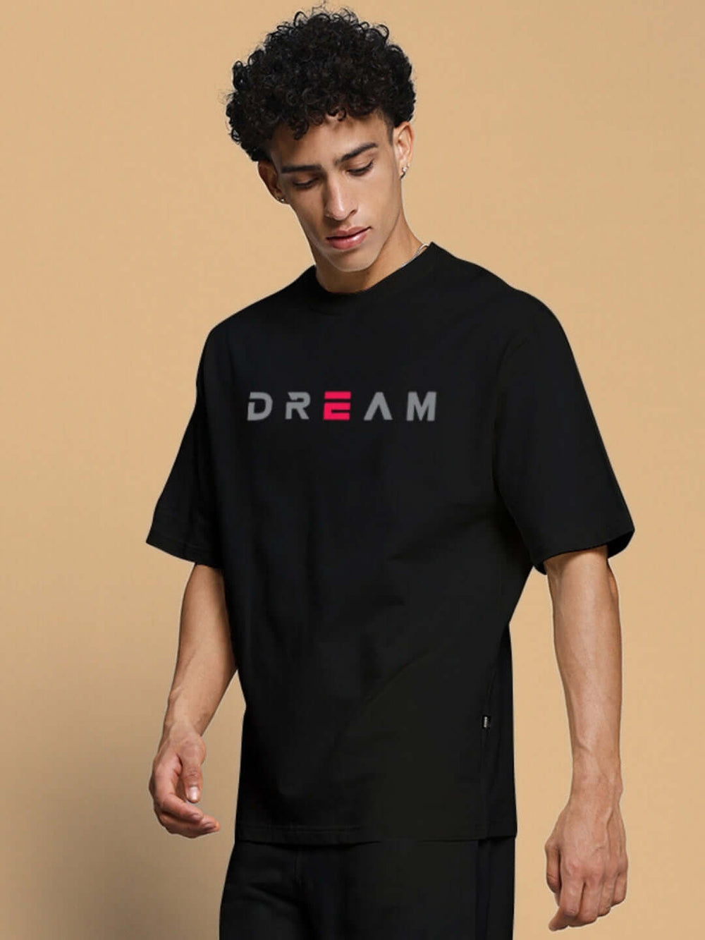 Genz-Classic Men's Black Oversized Minimal Dream Typography Printed Cotton T-Shirt