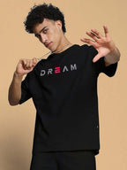 Genz-Classic Men's Black Oversized Minimal Dream Typography Printed Cotton T-Shirt