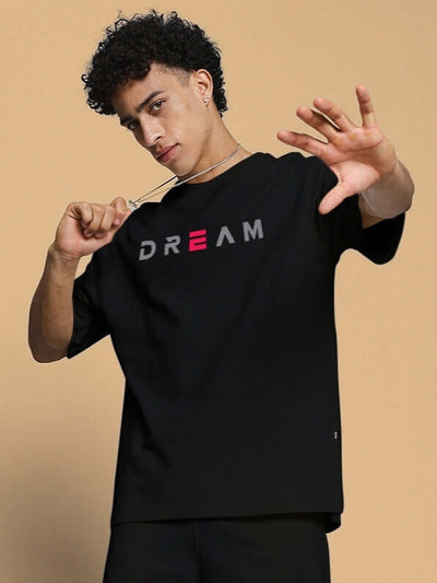 Genz-Classic Men's Black Oversized Minimal Dream Typography Printed Cotton T-Shirt