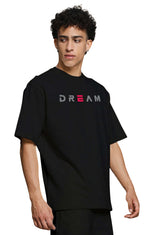 Genz-Classic Men's Black Oversized Minimal Dream Typography Printed Cotton T-Shirt