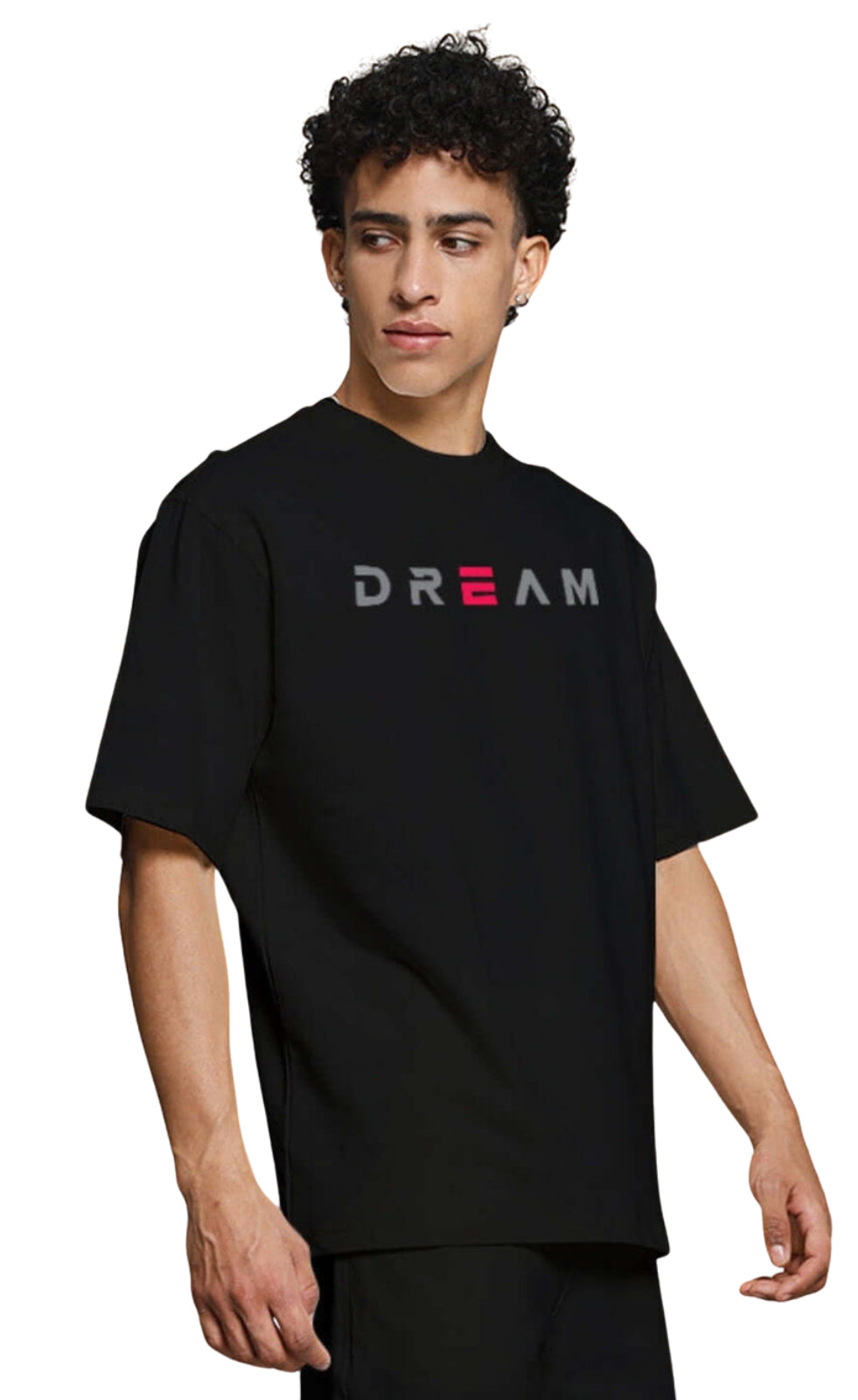 Genz-Classic Men's Black Oversized Minimal Dream Typography Printed Cotton T-Shirt
