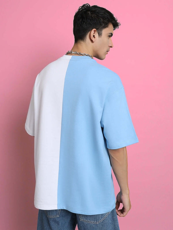 Genz-Classic Men's Blue & White Oversized Rabbit Graphic Printed Cotton T-Shirt