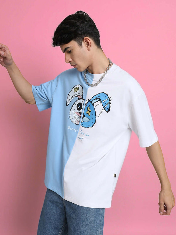 Genz-Classic Men's Blue & White Oversized Rabbit Graphic Printed Cotton T-Shirt