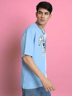 Genz-Classic Men's Blue & White Oversized Rabbit Graphic Printed Cotton T-Shirt