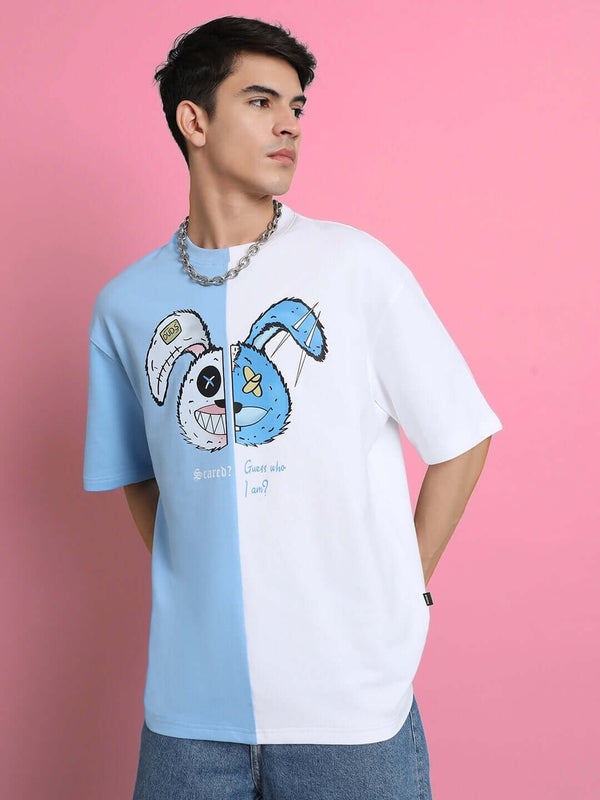 Genz-Classic Men's Blue & White Oversized Rabbit Graphic Printed Cotton T-Shirt