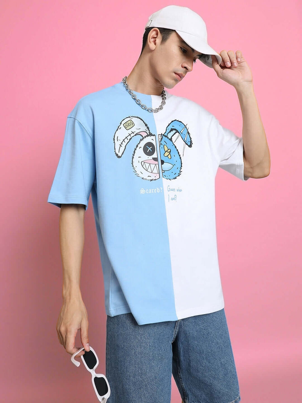 Genz-Classic Men's Blue & White Oversized Rabbit Graphic Printed Cotton T-Shirt