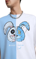 Genz-Classic Men's Blue & White Oversized Rabbit Graphic Printed Cotton T-Shirt