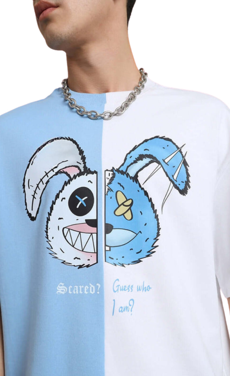 Genz-Classic Men's Blue & White Oversized Rabbit Graphic Printed Cotton T-Shirt