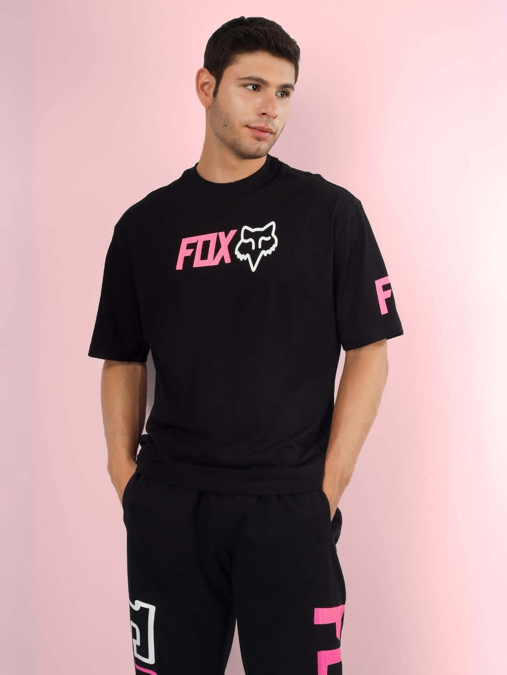 Genz-Classic Men's Black Oversized FOX Graphic Printed Cotton T-Shirt