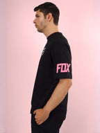 Genz-Classic Men's Black Oversized FOX Graphic Printed Cotton T-Shirt