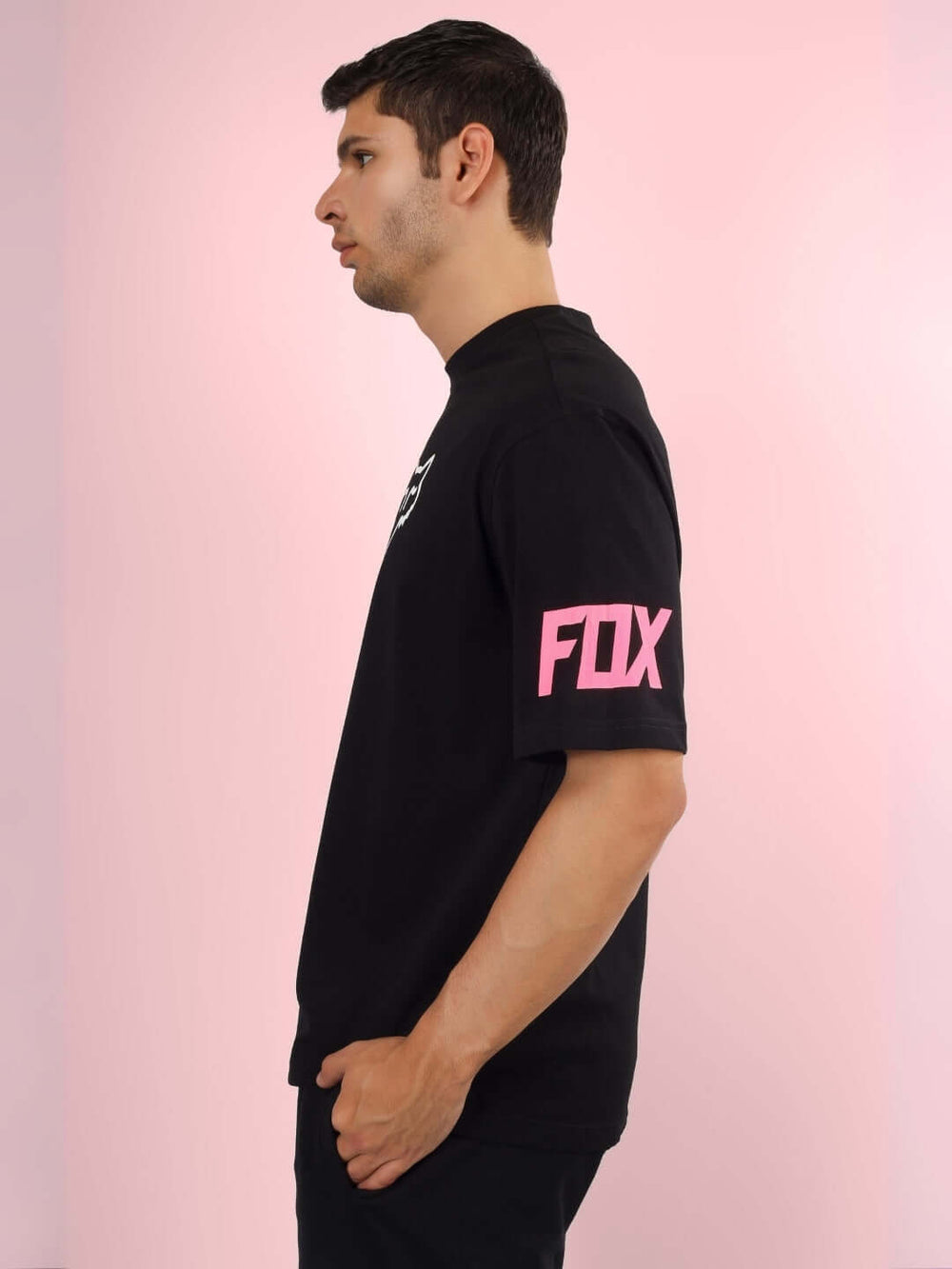 Genz-Classic Men's Black Oversized FOX Graphic Printed Cotton T-Shirt