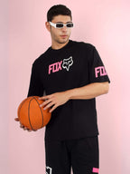 Genz-Classic Men's Black Oversized FOX Graphic Printed Cotton T-Shirt