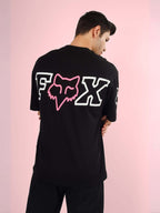Genz-Classic Men's Black Oversized FOX Graphic Printed Cotton T-Shirt