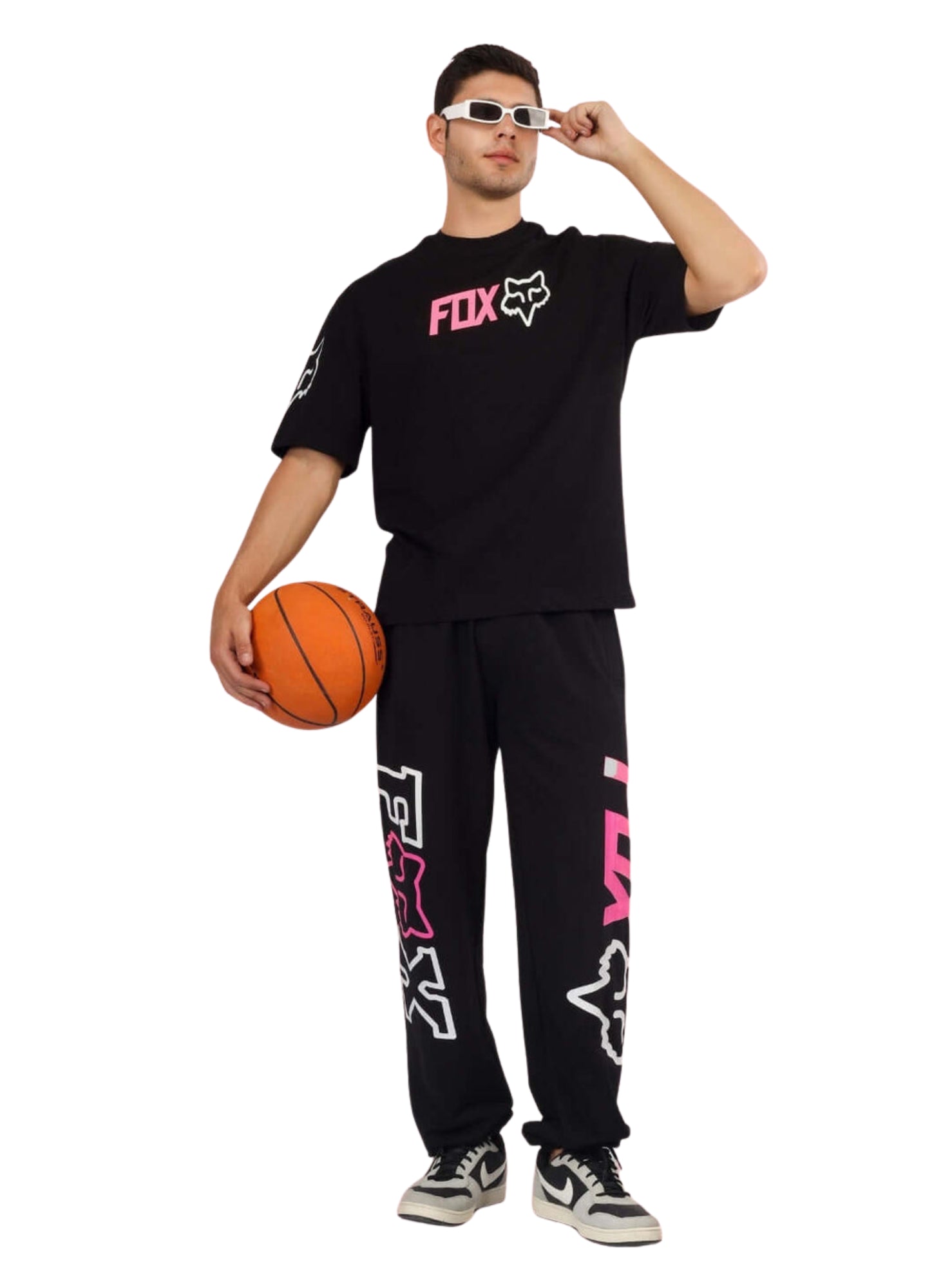 Genz-Classic Men's Black Oversized FOX Graphic Printed Cotton T-Shirt