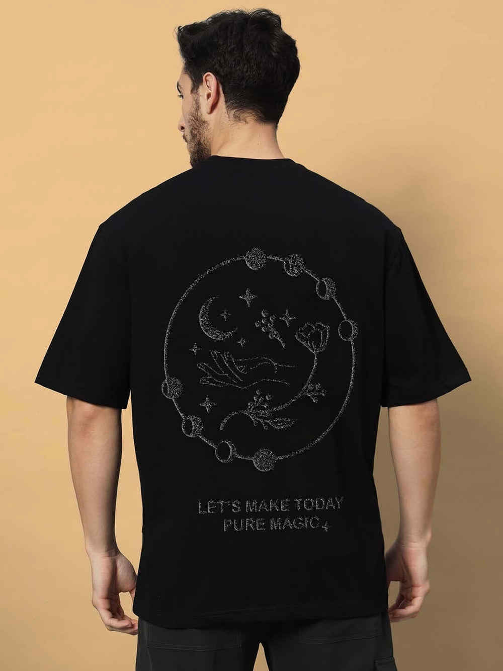 Genz-Classic Men's Black Oversized Pure Magic Graphic Print Cotton T-Shirt