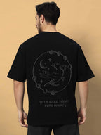 Genz-Classic Men's Black Oversized Pure Magic Graphic Print Cotton T-Shirt
