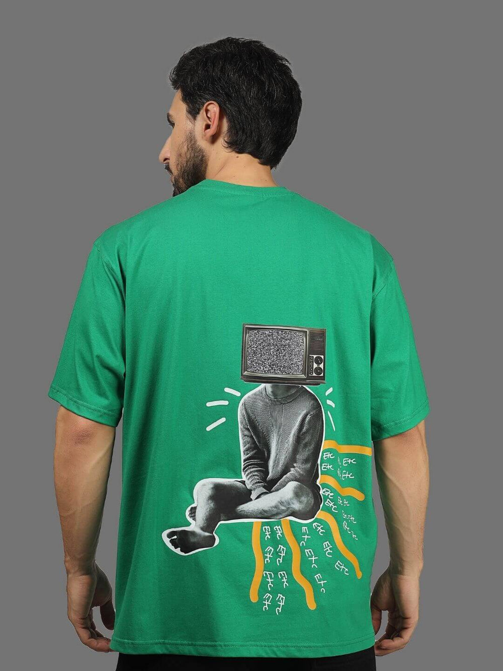 Genz-Classic Men's Green Oversized TV Head Graphic Print Cotton T-Shirt
