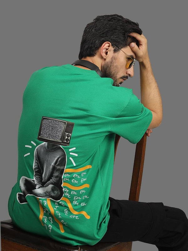 Genz-Classic Men's Green Oversized TV Head Graphic Print Cotton T-Shirt