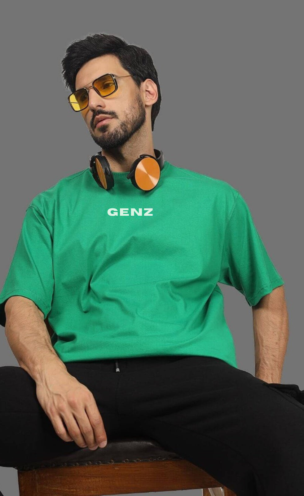 Genz-Classic Men's Green Oversized TV Head Graphic Print Cotton T-Shirt