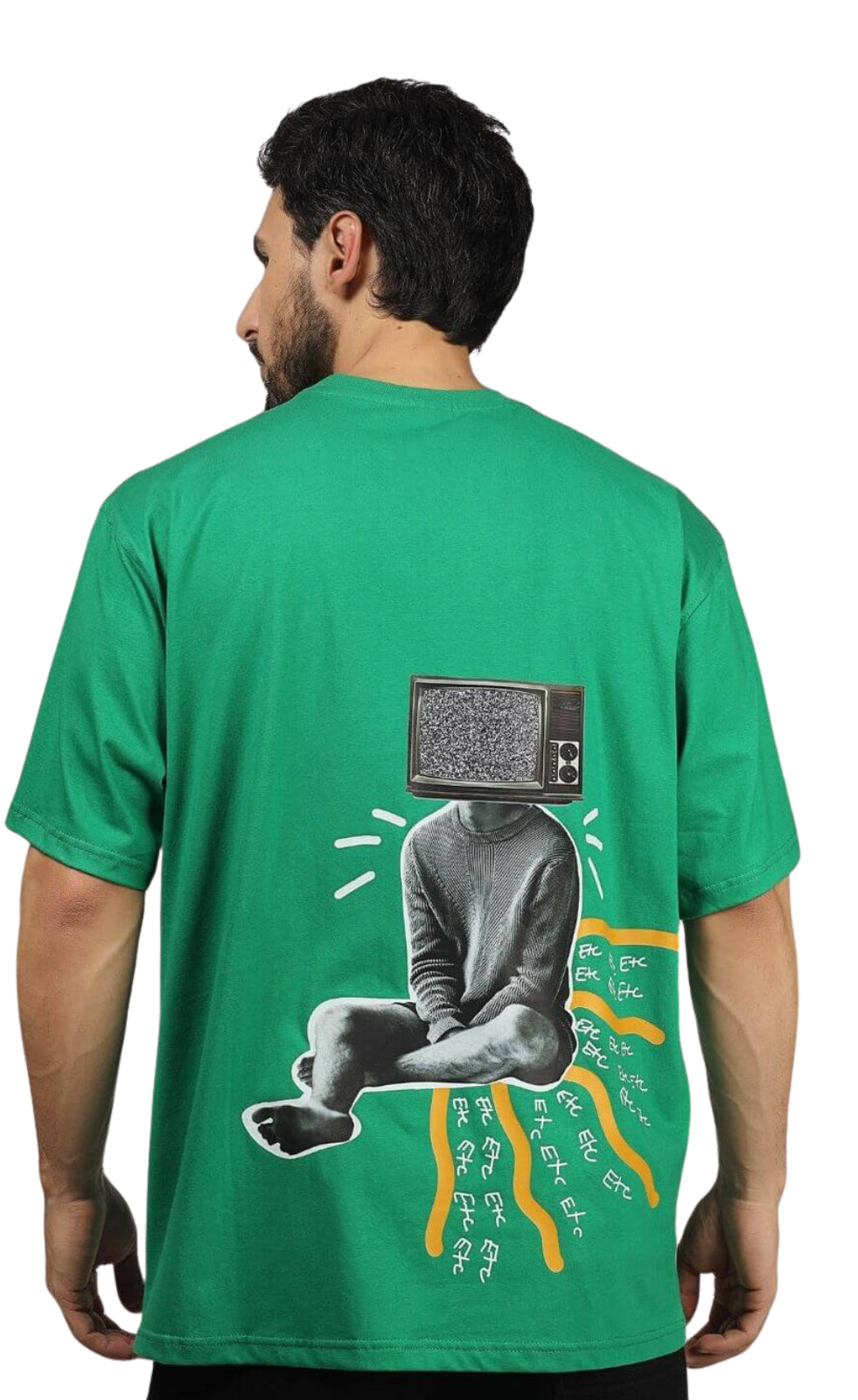 Genz-Classic Men's Green Oversized TV Head Graphic Print Cotton T-Shirt