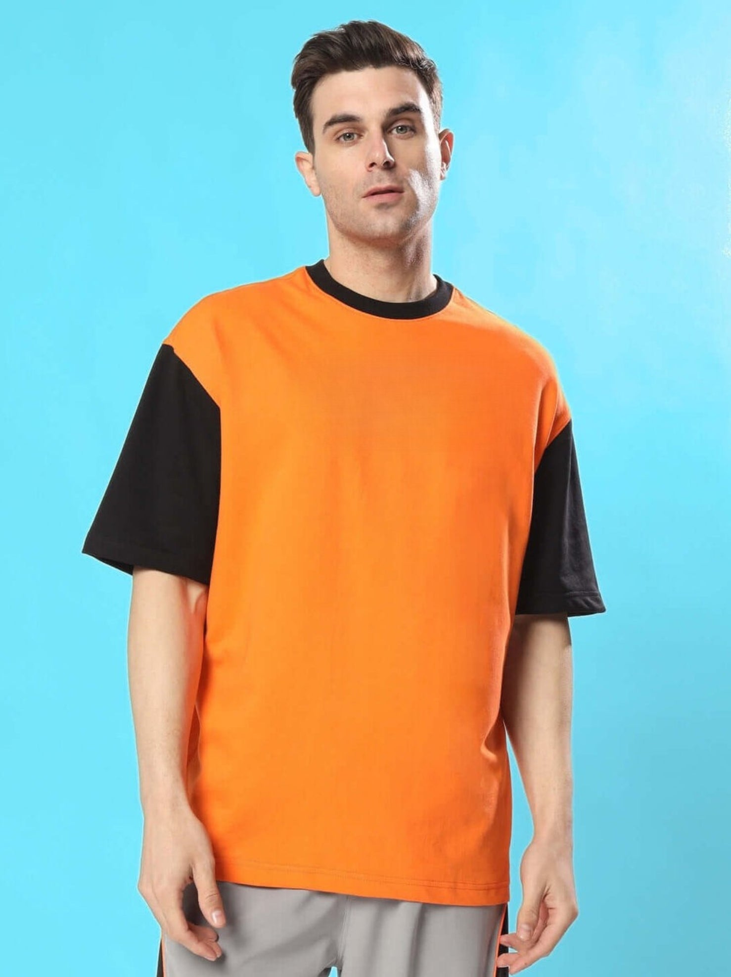 Genz-Classic Men's Orange & Black Oversized Panda Graphic Print Cotton T-Shirt
