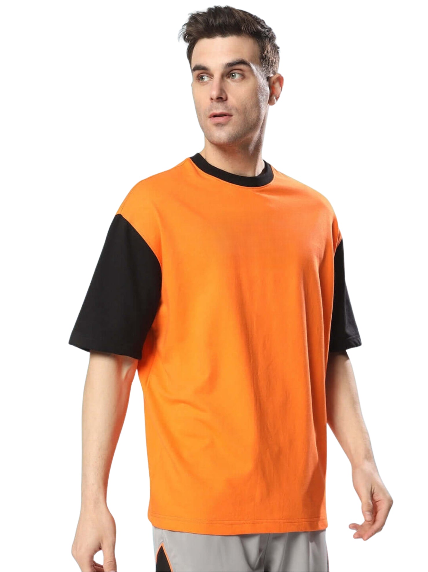 Genz-Classic Men's Orange & Black Oversized Panda Graphic Print Cotton T-Shirt