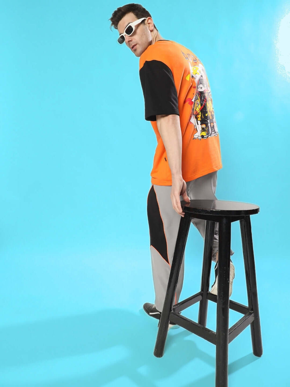 Genz-Classic Men's Orange & Black Oversized Panda Graphic Print Cotton T-Shirt