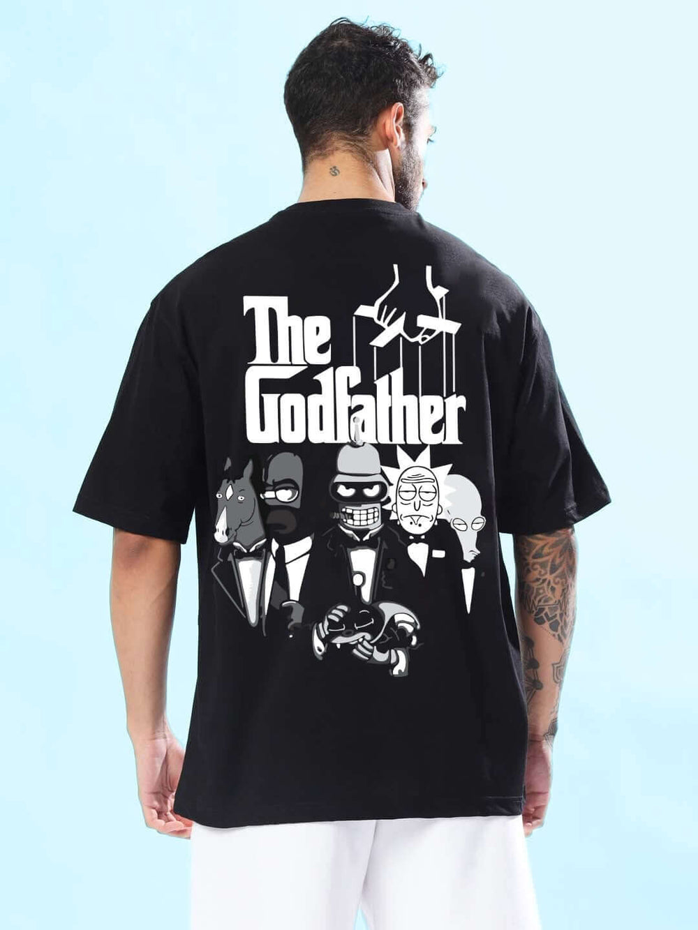 Genz-Classic Men's Black Oversized The Godfather Graphic Print Cotton T-Shirt