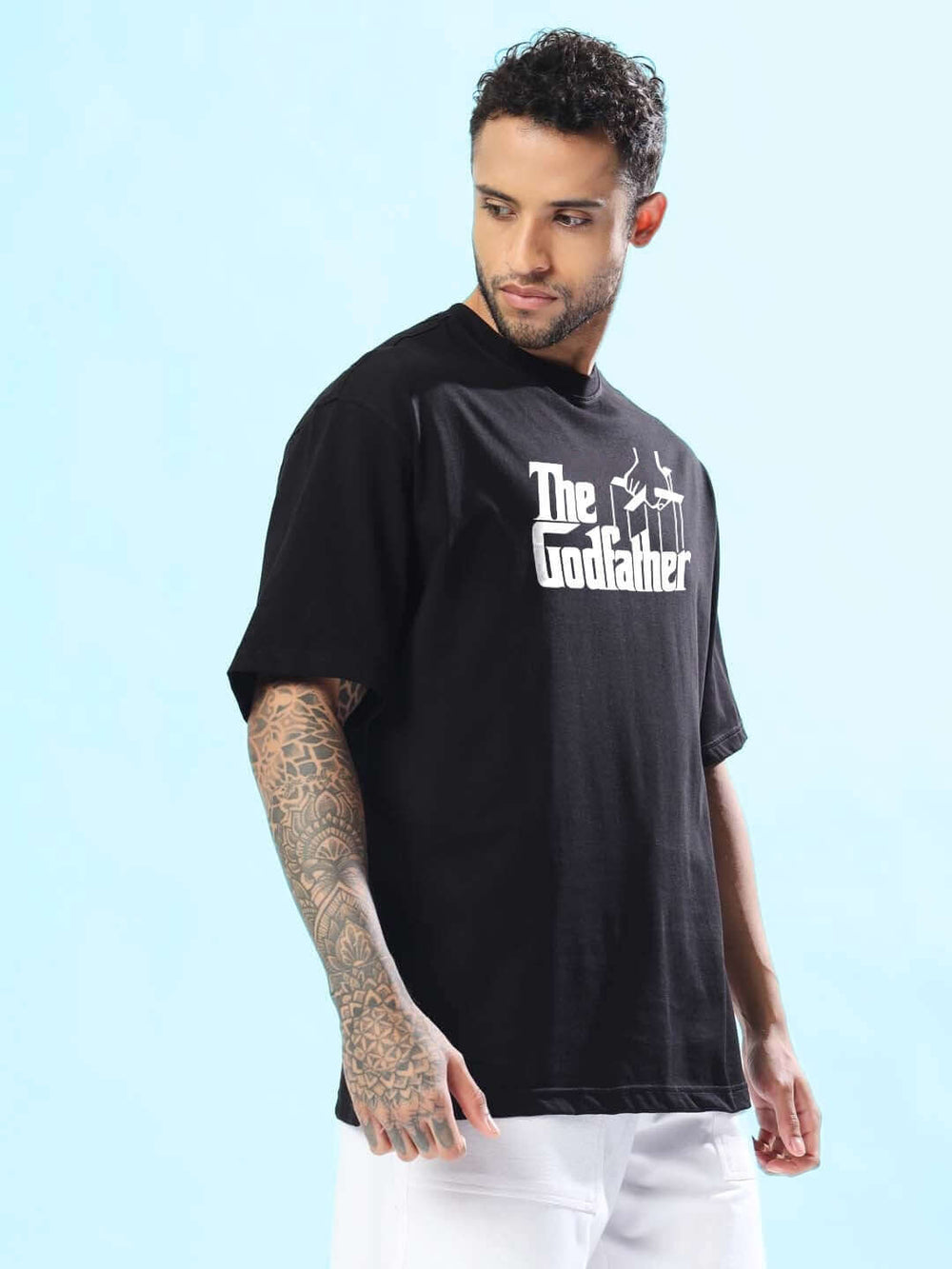 Genz-Classic Men's Black Oversized The Godfather Graphic Print Cotton T-Shirt