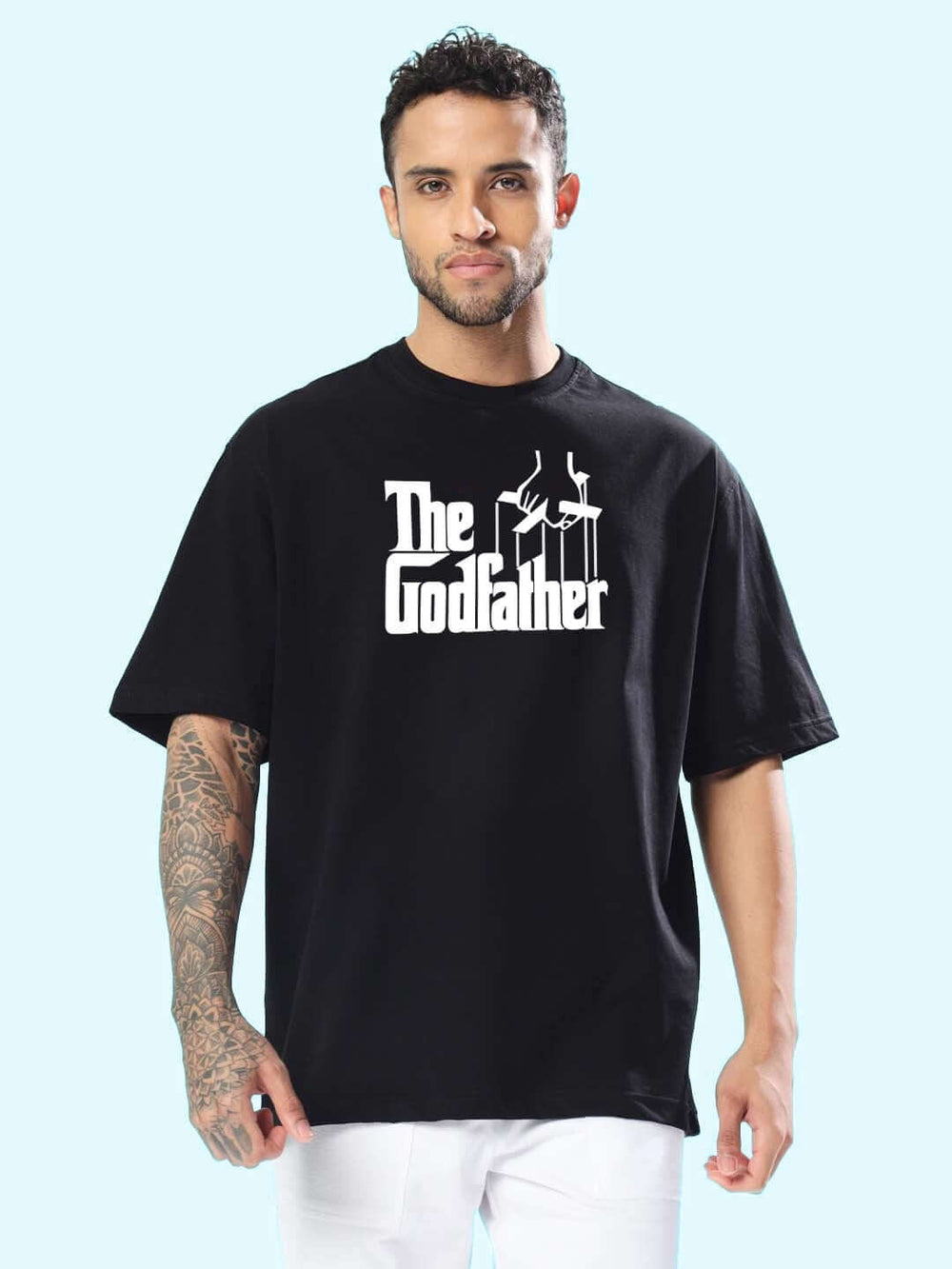 Genz-Classic Men's Black Oversized The Godfather Graphic Print Cotton T-Shirt
