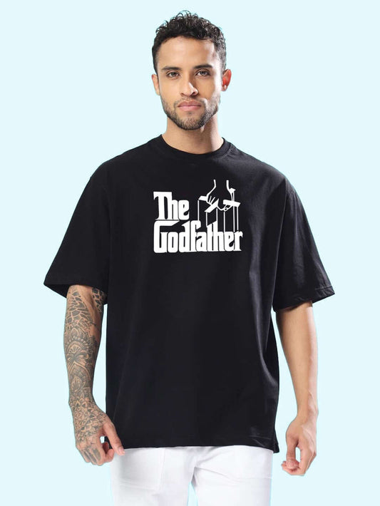 Genz-Classic Men's Black Oversized The Godfather Graphic Print Cotton T-Shirt