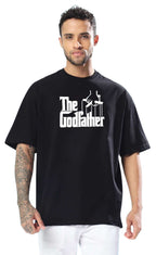 Genz-Classic Men's Black Oversized The Godfather Graphic Print Cotton T-Shirt