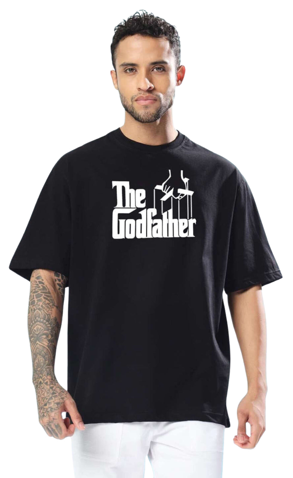Genz-Classic Men's Black Oversized The Godfather Graphic Print Cotton T-Shirt