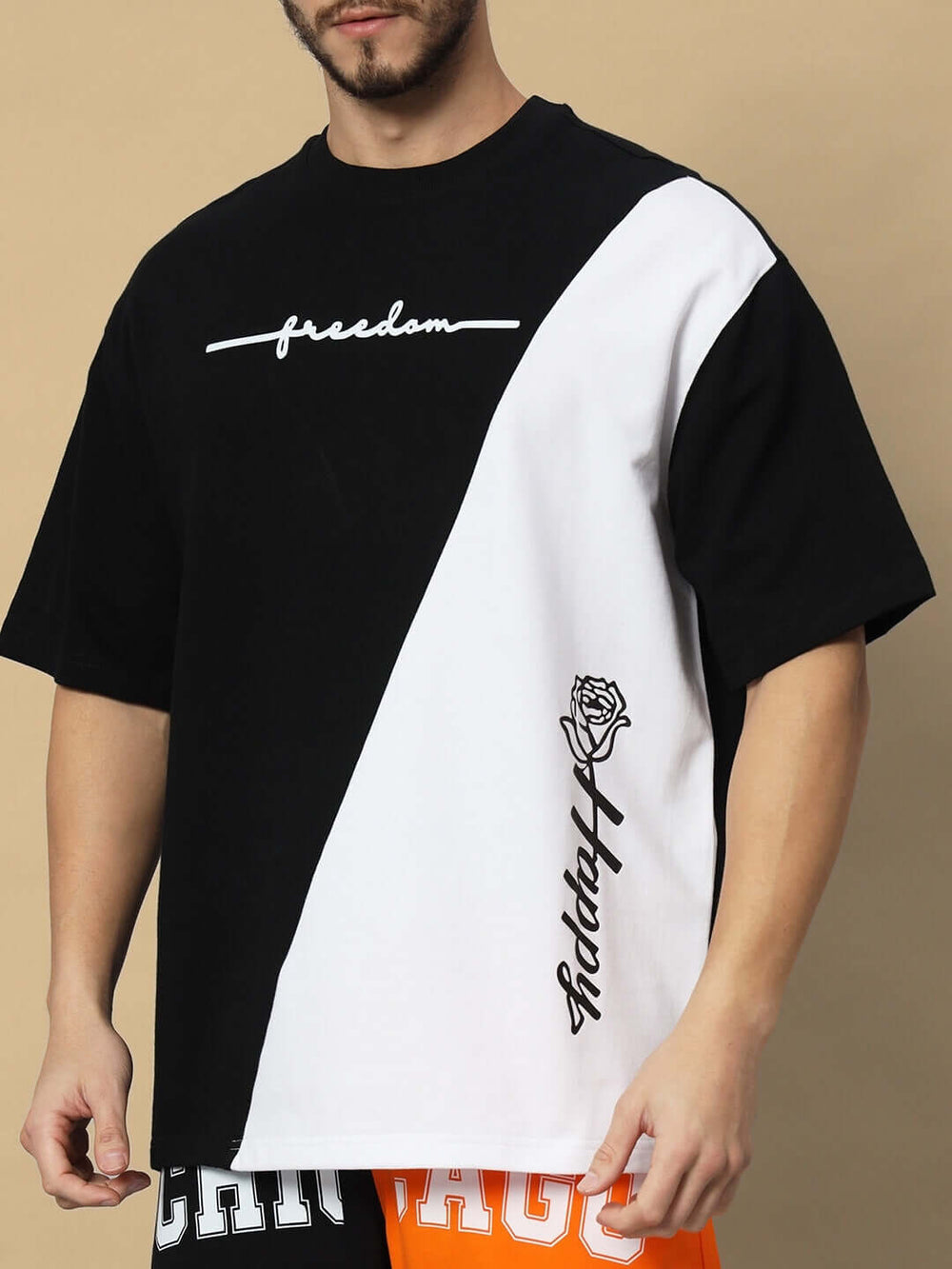 Genz-Classic Men's Black & White Color Block Oversized Typography Print Cotton T-Shirt