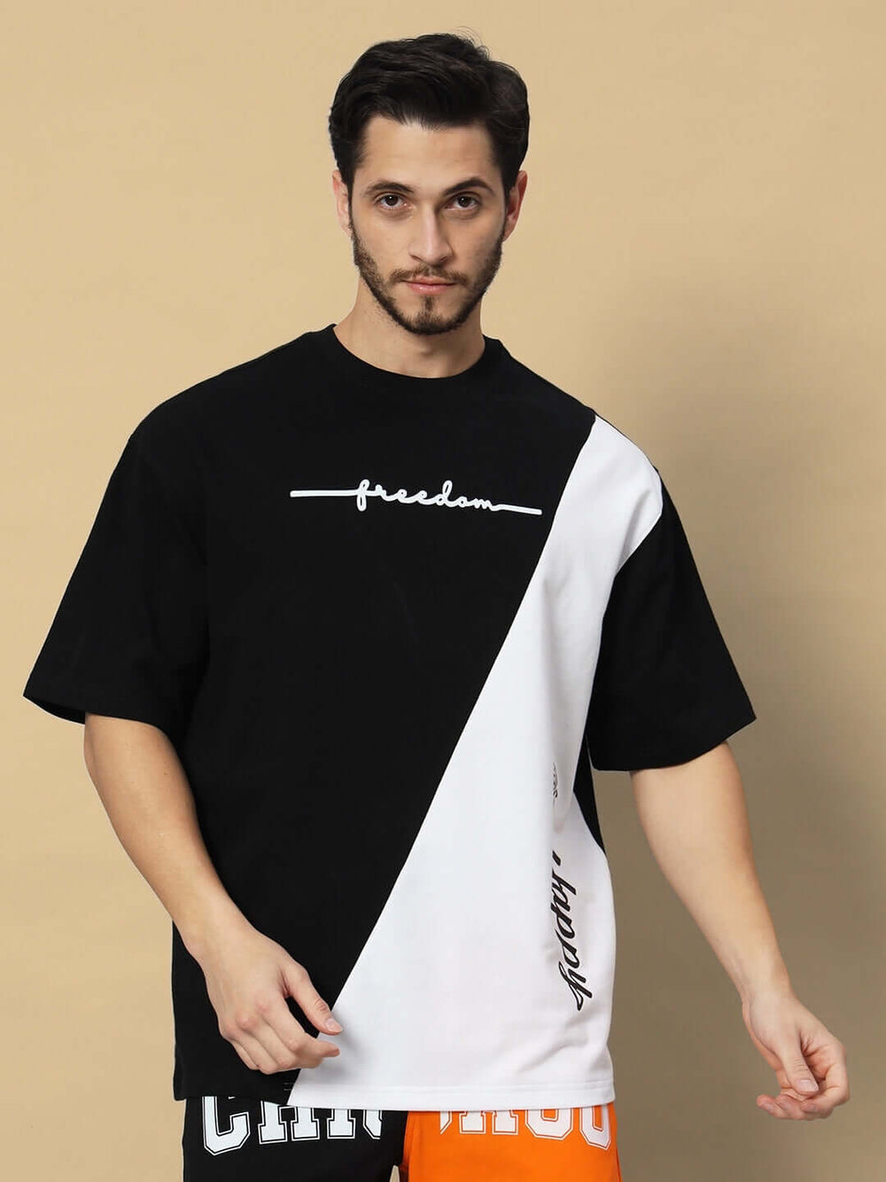 Genz-Classic Men's Black & White Color Block Oversized Typography Print Cotton T-Shirt