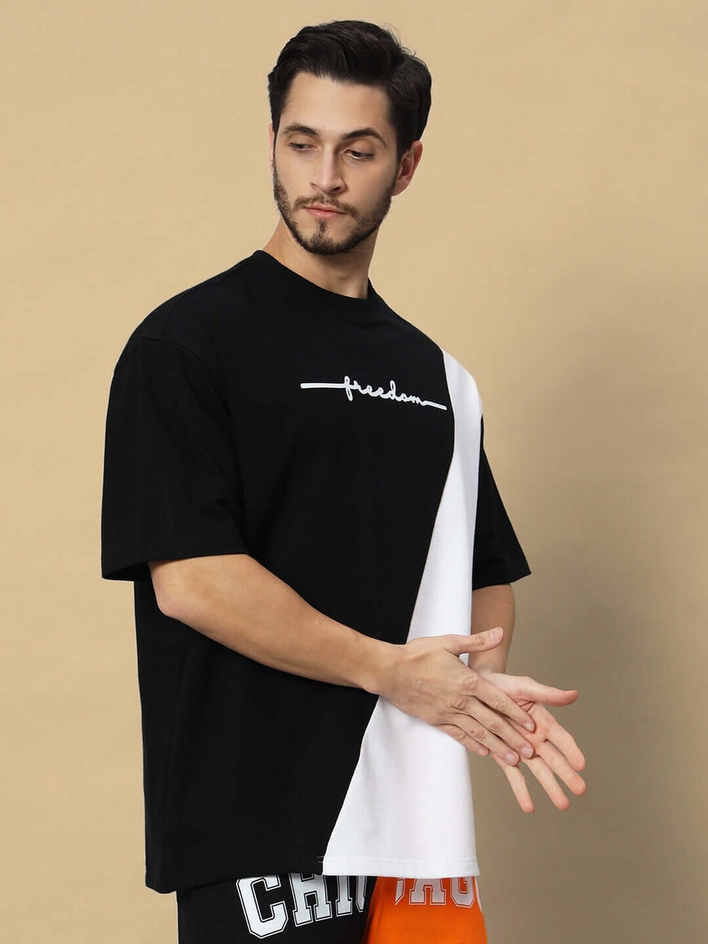 Genz-Classic Men's Black & White Color Block Oversized Typography Print Cotton T-Shirt