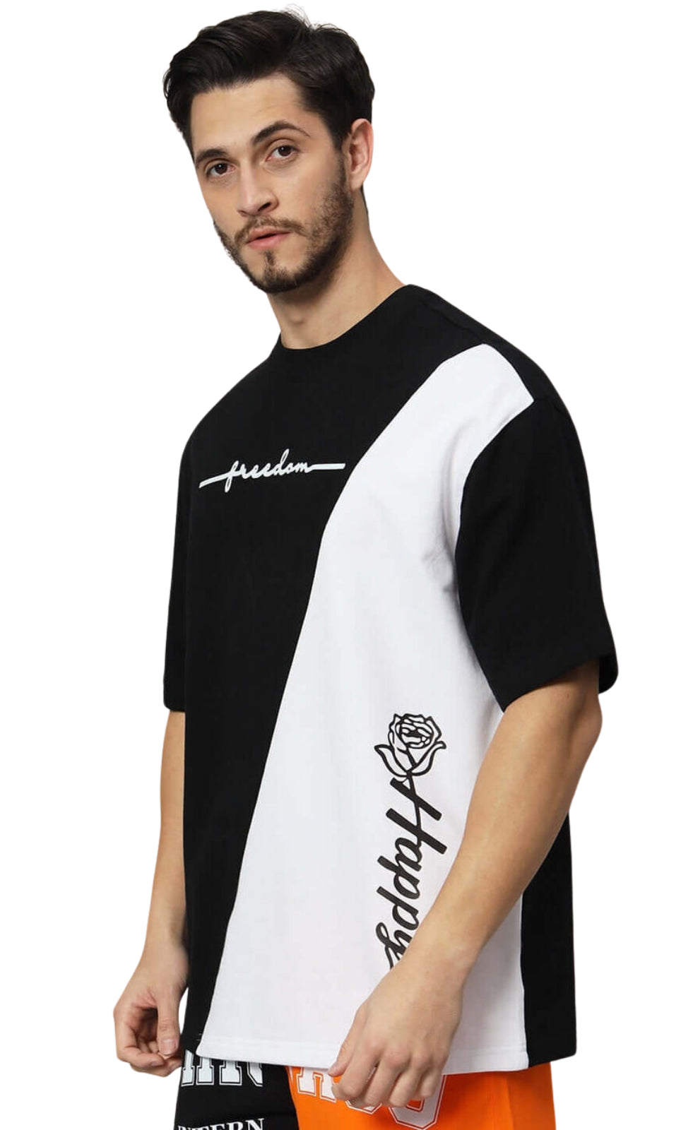 Genz-Classic Men's Black & White Color Block Oversized Typography Print Cotton T-Shirt