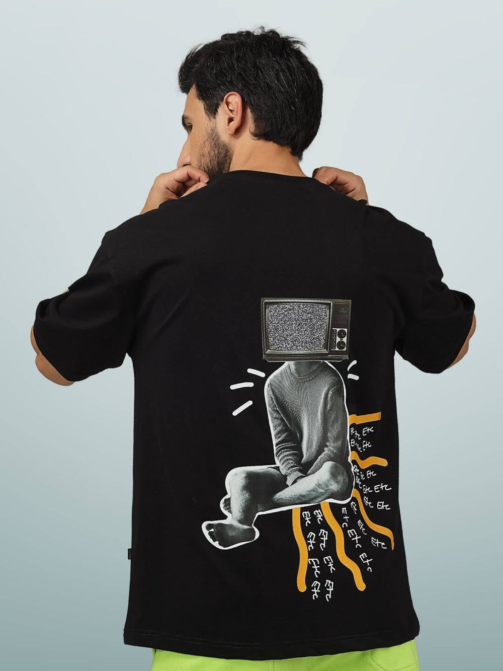 Genz-Classic Men's Black Oversized TV Head Graphic Printed Cotton T-Shirt