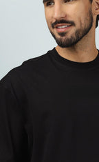 Genz-Classic Men's Black Oversized TV Head Graphic Printed Cotton T-Shirt