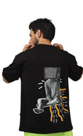 Genz-Classic Men's Black Oversized TV Head Graphic Printed Cotton T-Shirt