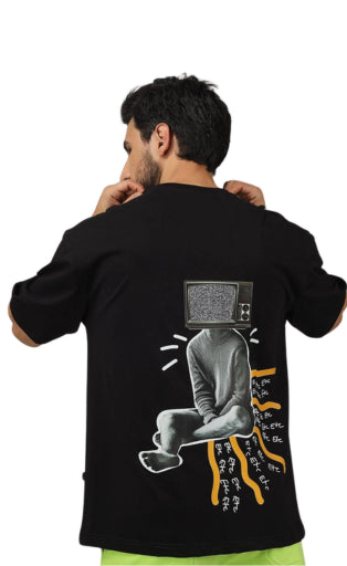 Genz-Classic Men's Black Oversized TV Head Graphic Printed Cotton T-Shirt
