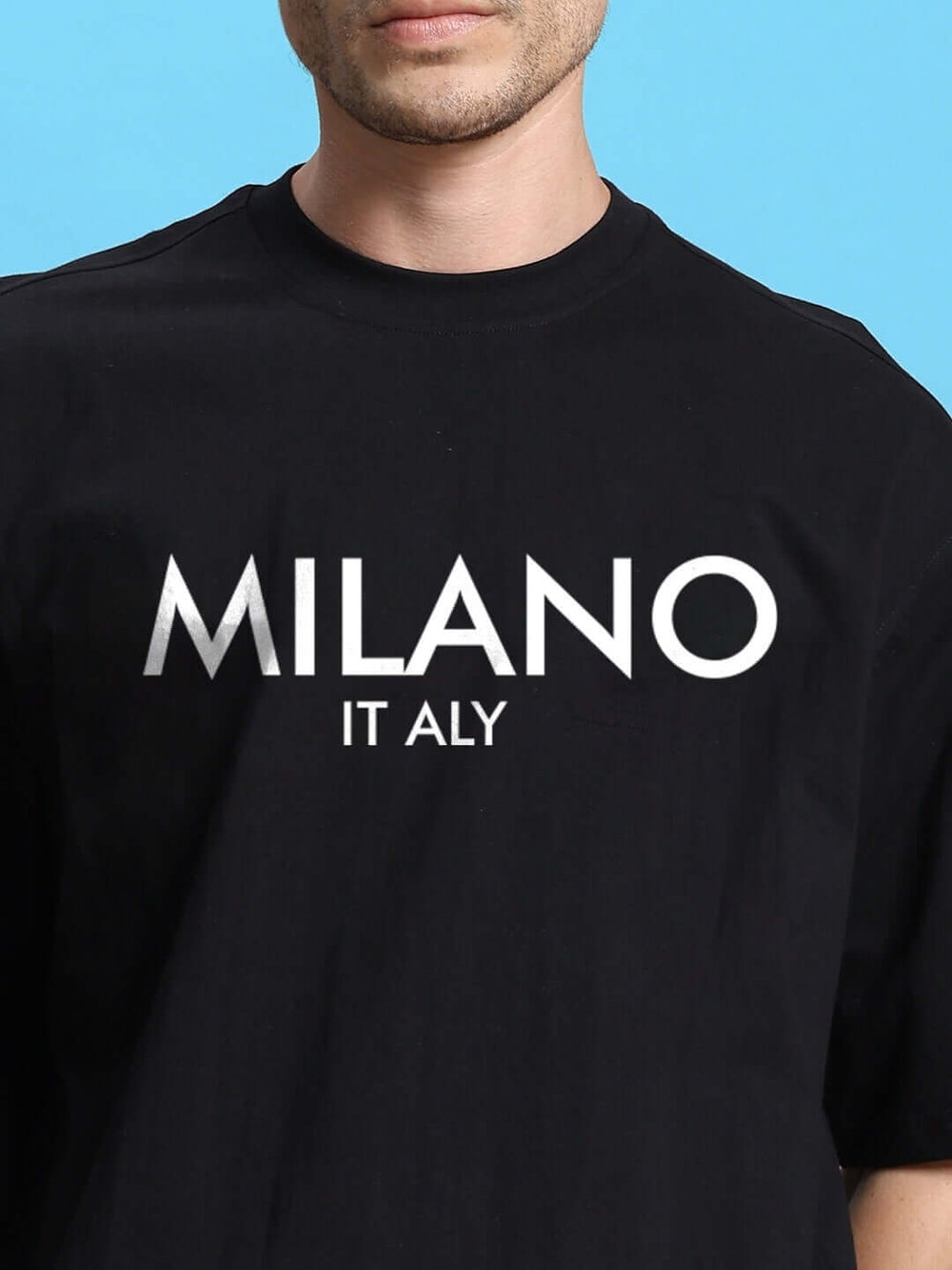 Genz-Classic Men's Black Oversized Milano Typography Cotton T-Shirt