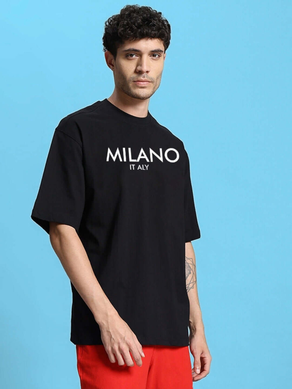 Genz-Classic Men's Black Oversized Milano Typography Cotton T-Shirt