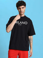 Genz-Classic Men's Black Oversized Milano Typography Cotton T-Shirt