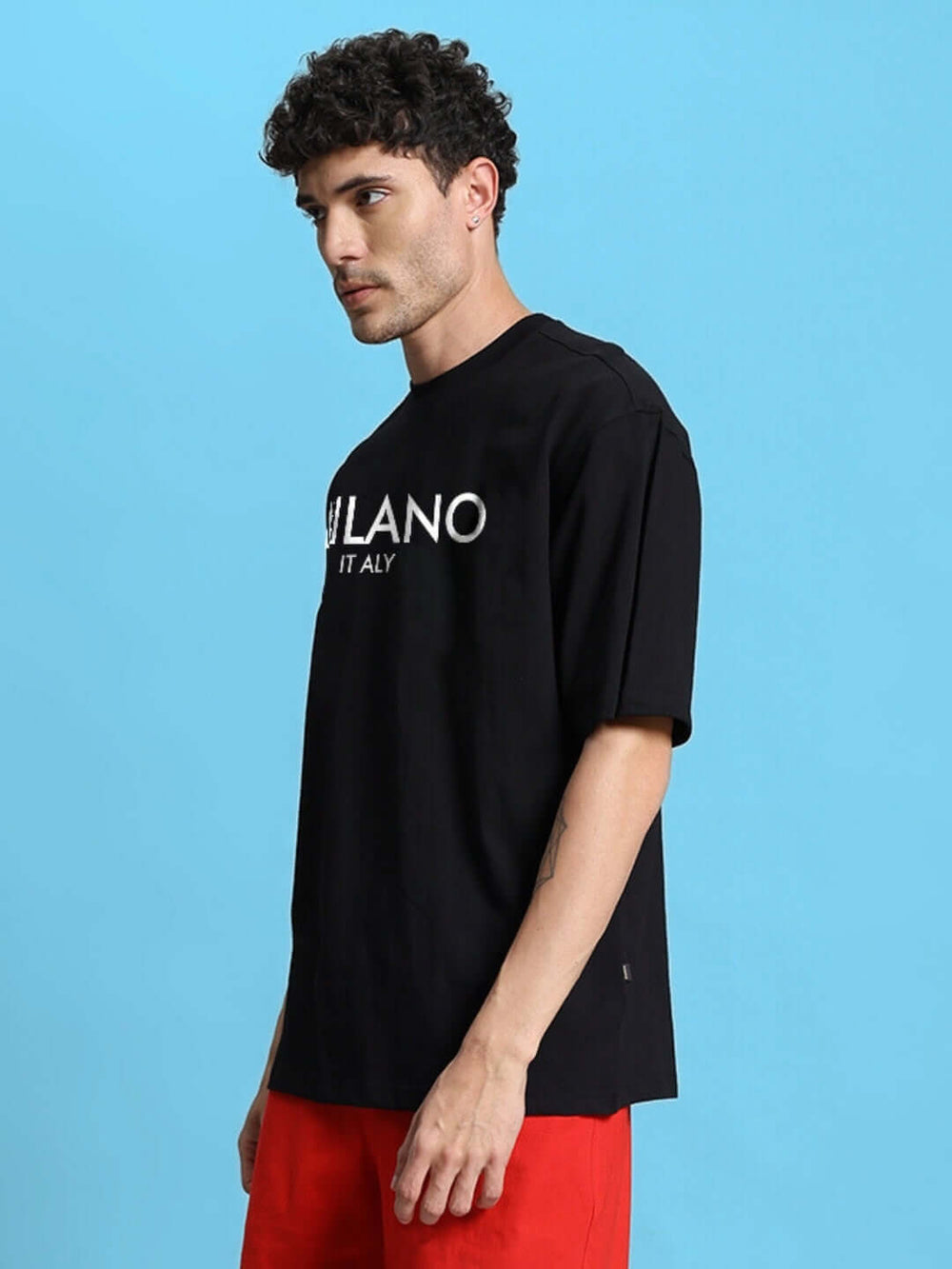Genz-Classic Men's Black Oversized Milano Typography Cotton T-Shirt