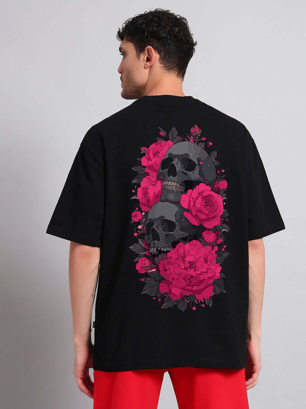 Genz-Classic Men's Black Oversized Skull & Floral Graphic Print Cotton T-Shirt